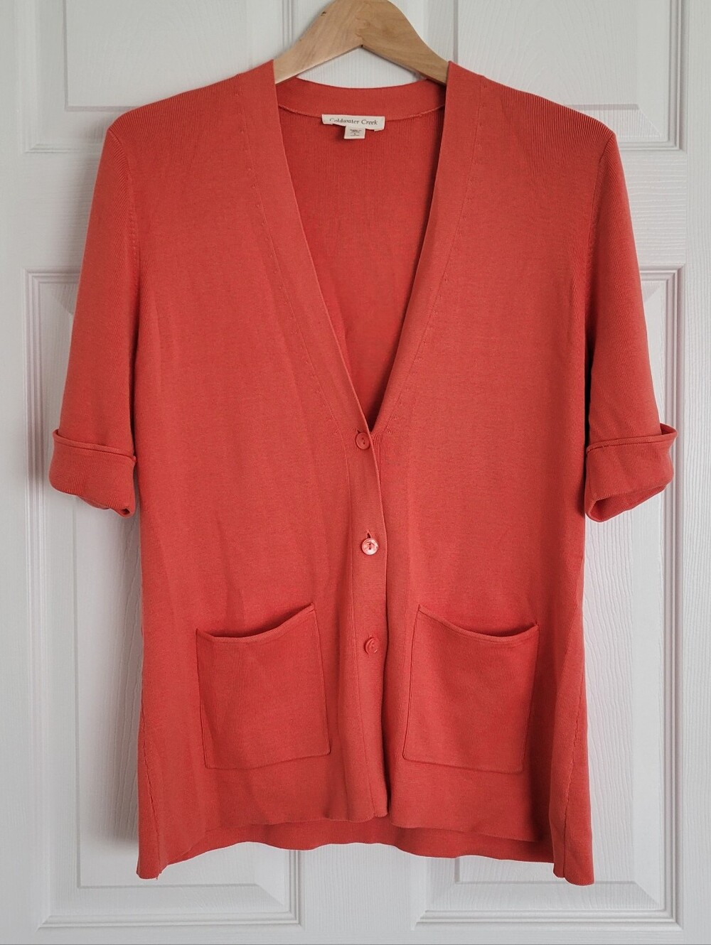 Coldwater Creek Coral V Neck Silk Blend Roll Tab Short Sleeve Cardigan